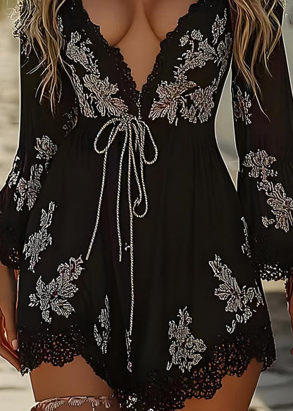 Black V Neck Print Lace Up Holiday Dress Spring