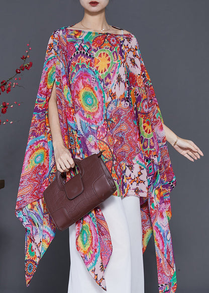 Red Asymmetrical Print Chiffon Shirt Tops Summer