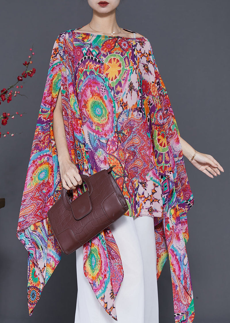 Red Asymmetrical Print Chiffon Shirt Tops Summer