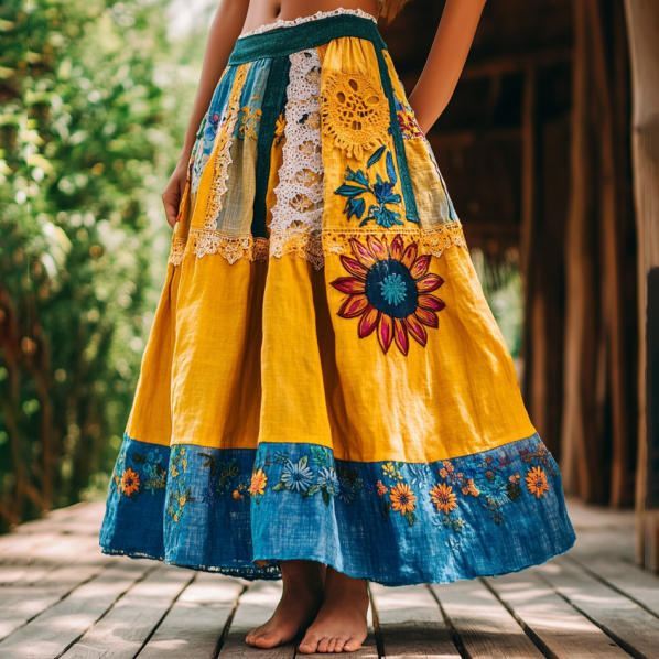 Vintage Sunflower And Lace Patchwork Embroidered Pattern Flowy Wide Skirt artswardrobe