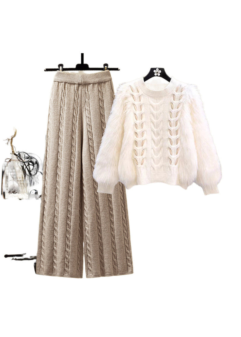 Style Apricot O Neck Sweaters and Skirts Knit Two Pieces Set Fall
