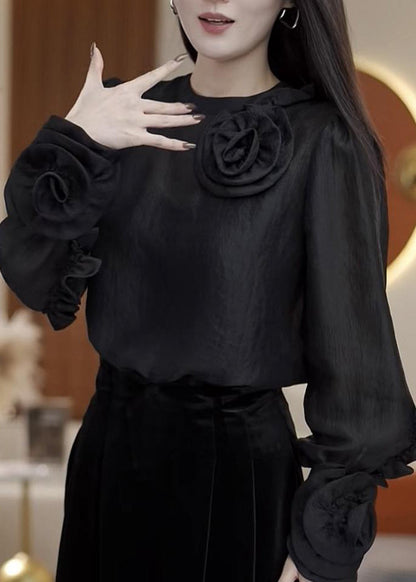French Mulberry O-neck Silk Velour Top Spring