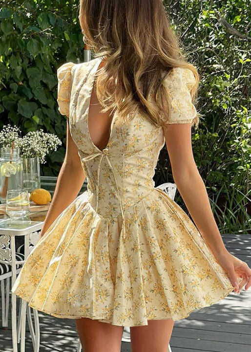 Yellow V Neck Print Cotton Mini Dress Summer