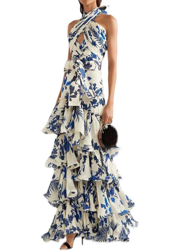 European and American Vacation Style Ruffled Print Dress Sleeveless