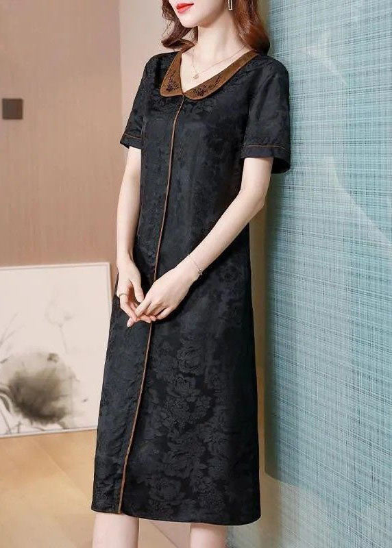 Handmade Black Peter Pan Collar Jacquard Silk Mid Dress Summer