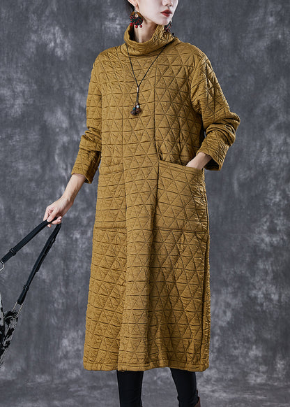 French Yellow Turtle Neck Fine Cotton Filled a Line Dress Winter