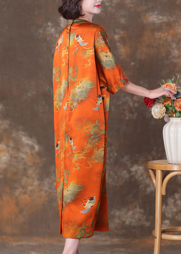 Orange V Neck Button Print Silk Long Dresses Summer