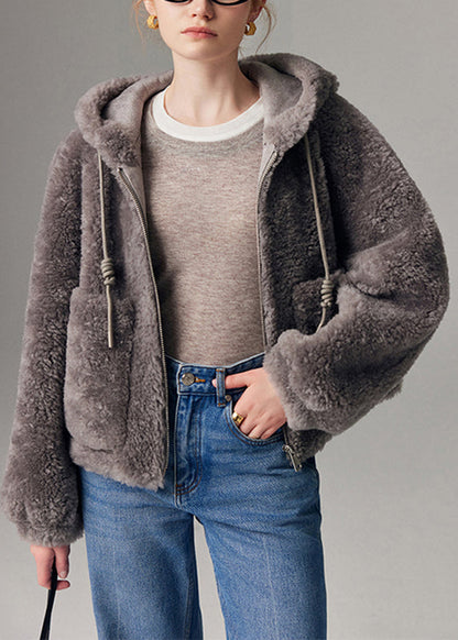 Grey Zippered Drawstring Faux Fur Hooded Coat Lantern Sleeve