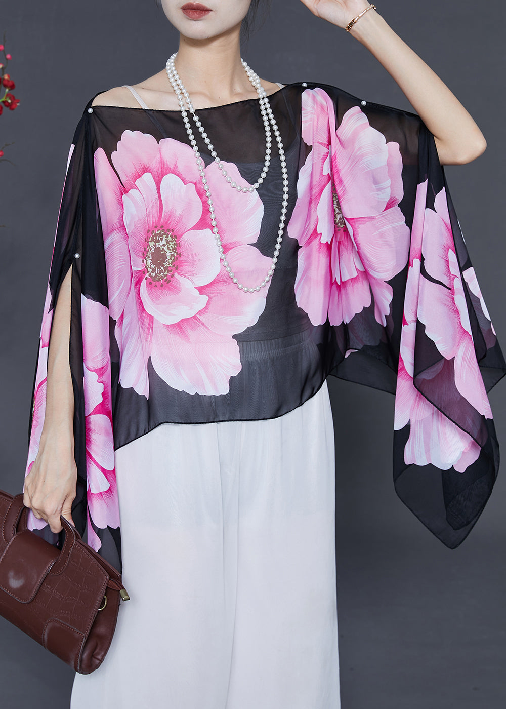 Fitted Black Nail Bead Chiffon Shirt Tops Batwing Sleeve