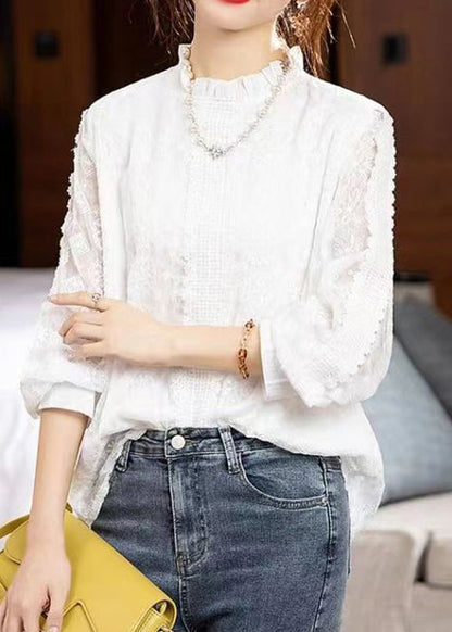 White Ruffled Hollow Out Patchwork Lace Top Fall