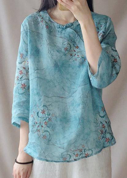Loose O Neck Half Sleeve Shirts Blue Print Shirt