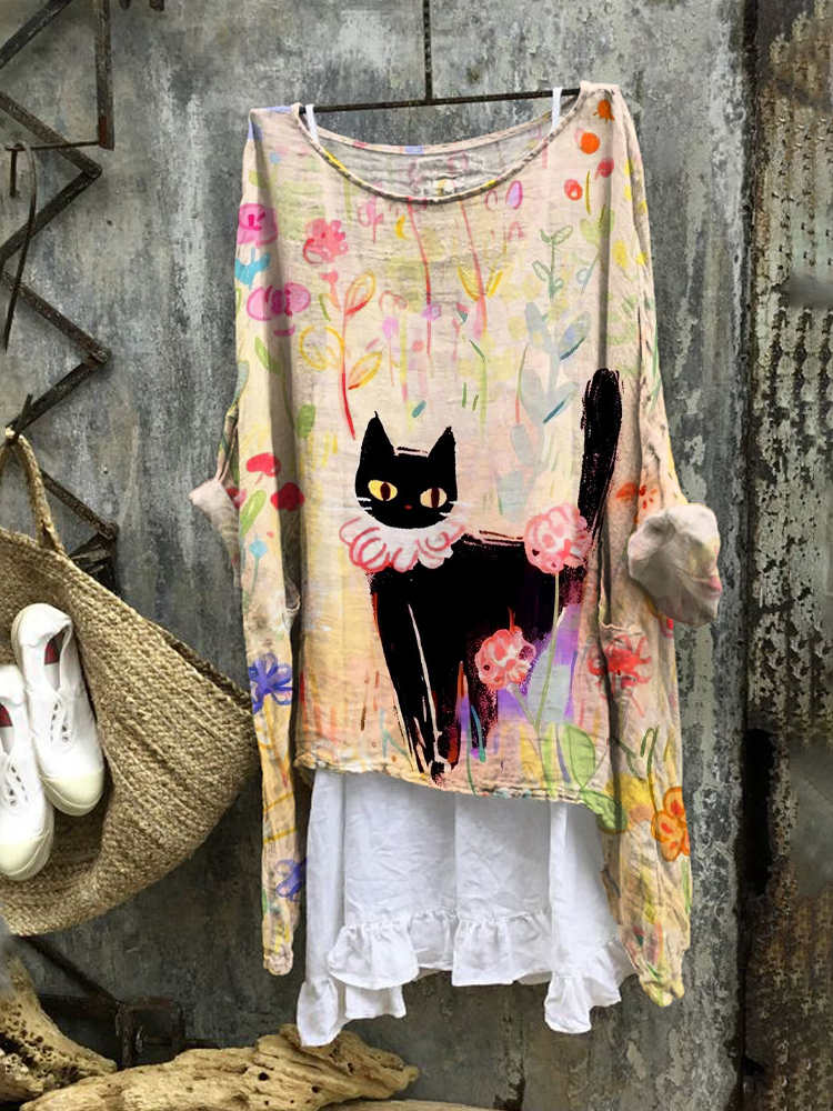 Cat Colorful Floral Graffiti Art Women's Vintage Linen Long Tunic elevenforest