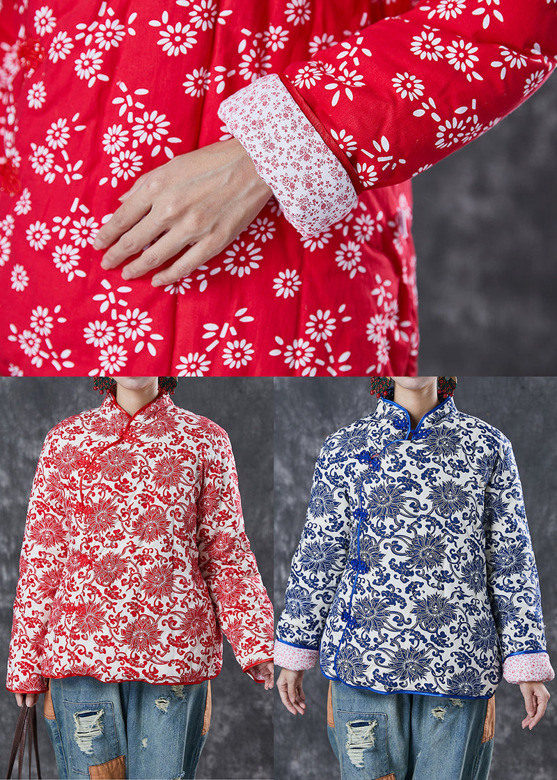 Blue Print Mandarin Collar Fine Cotton Filled Jacket Winter