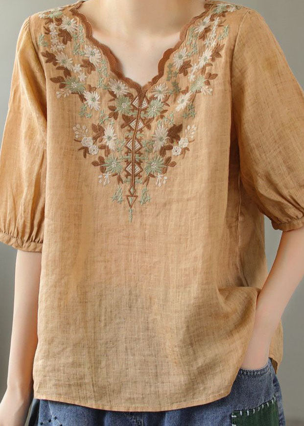 Khaki V Neck Embroideried Patchwork Linen T Shirt Summer