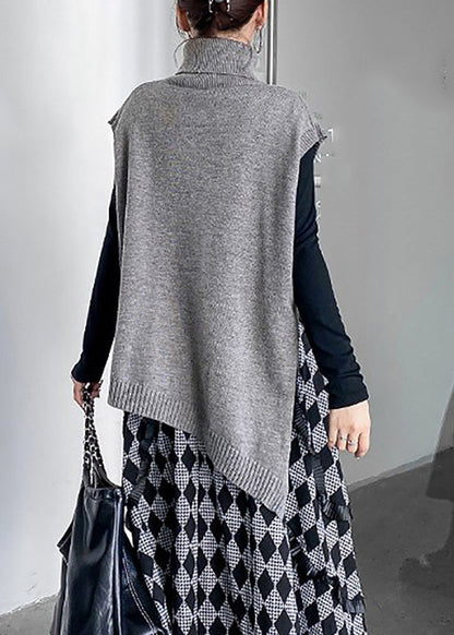 Grey Turtleneck Asymmetrical Thick Knit Waistcoat Spring