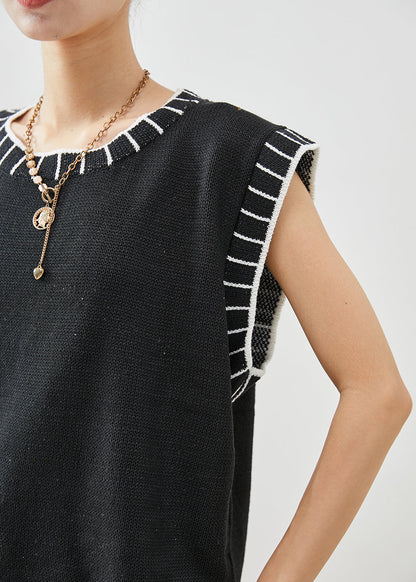 Black O-neck Striped Knit Vests Fall