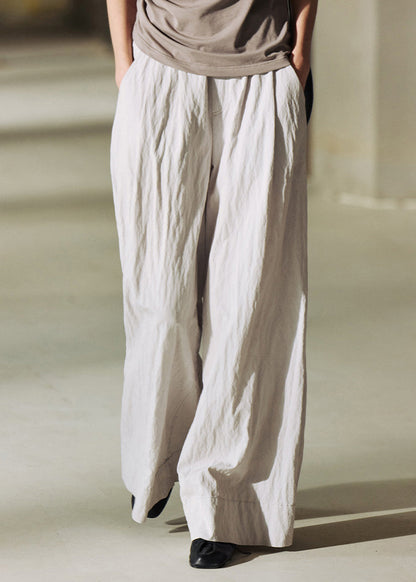 Simple Light Grey Pockets Elastic Waist Cotton Straight Pants Summer