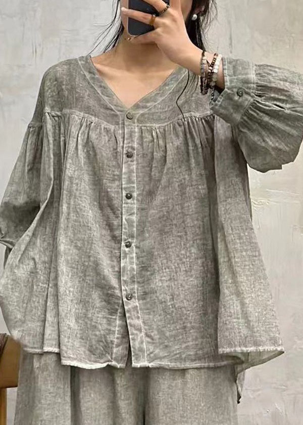 Grey Button Cotton Blouses V Neck Long Sleeve