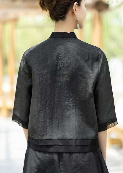 Chinese Style Black Button Embroideried Stand Collar Silk Coats Half Sleeve