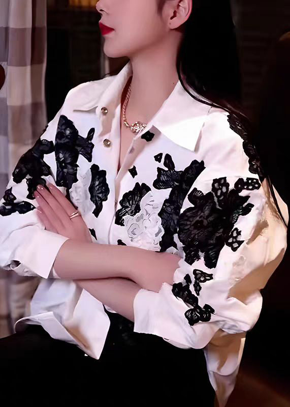 White Peter Pan Collar Hollow Out Cotton Tops Fall