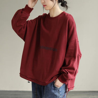 Style Red Alphabet Prints Cotton Blouse Drawstring Baggy Spring Blouses