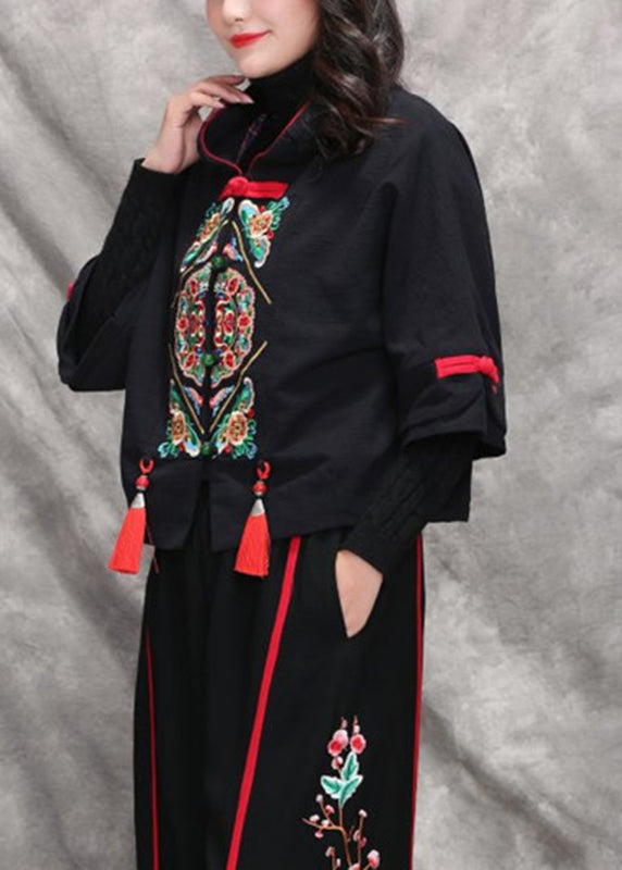 Black Peter Pan Collar Embroideried Coats Long Sleeve