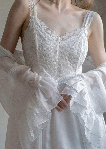 Novelty White V Neck Embroideried Chiffon Cardigans and Slip Dress Two Pieces Set Summer