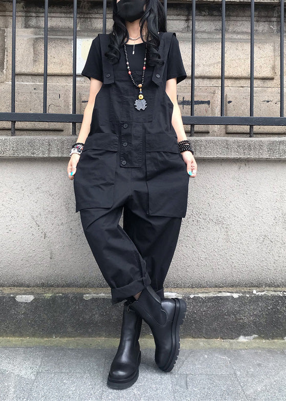 French Black Patchwork Button Jumpsuit Summer