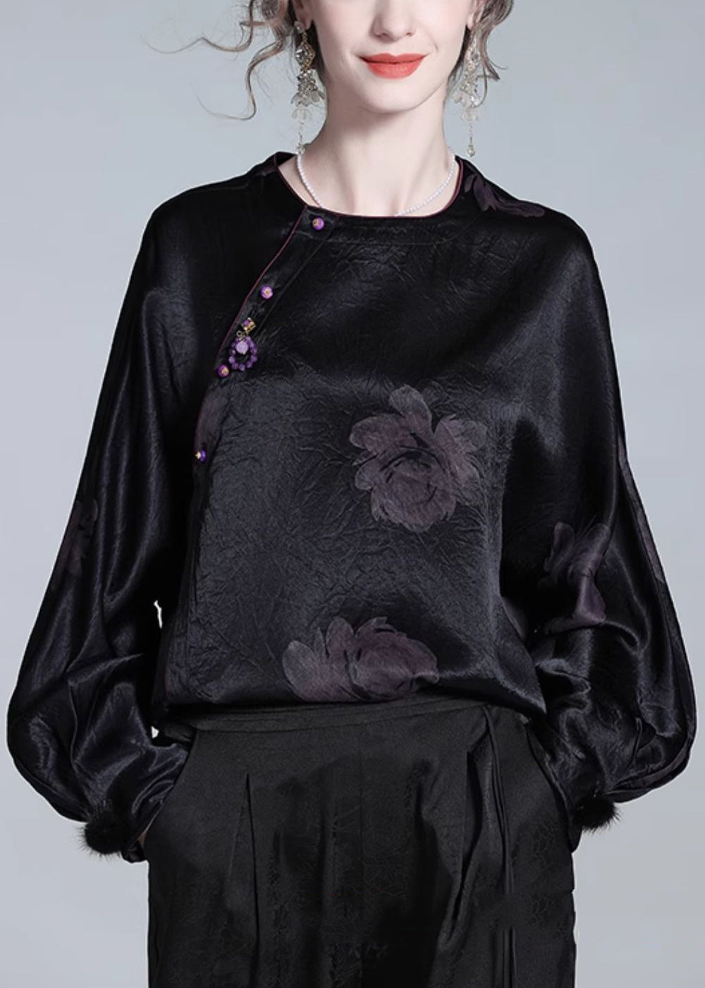 Loose Black O-neck Button Print Silk Blouses Fall