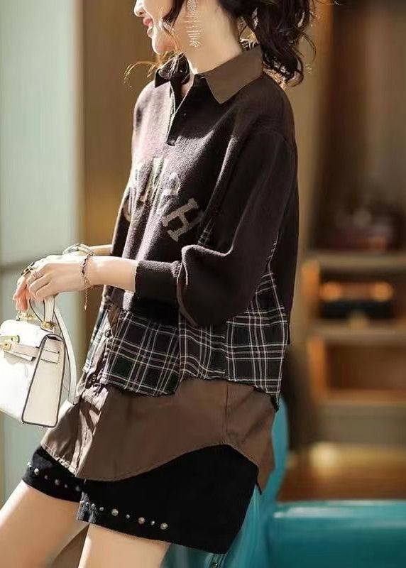 Coffee Peter Pan Collar False Two Pieces Knit Shirts Top Fall