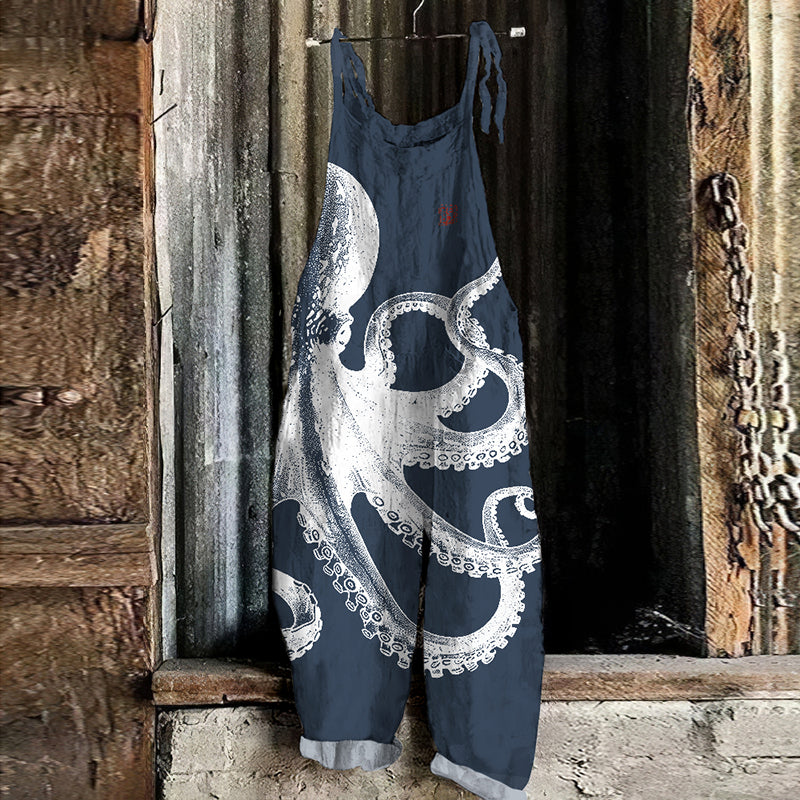 Comstylish Vintage Japanese Art Octopus Print Casual Loose Jumpsuit
