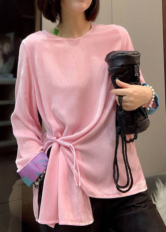 Pink Patchwork Velour Top Asymmetrical Design Long Sleeve