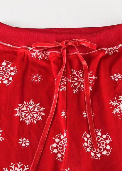 Red Print Tie Waist Silk Velvet Straight Pants Fall