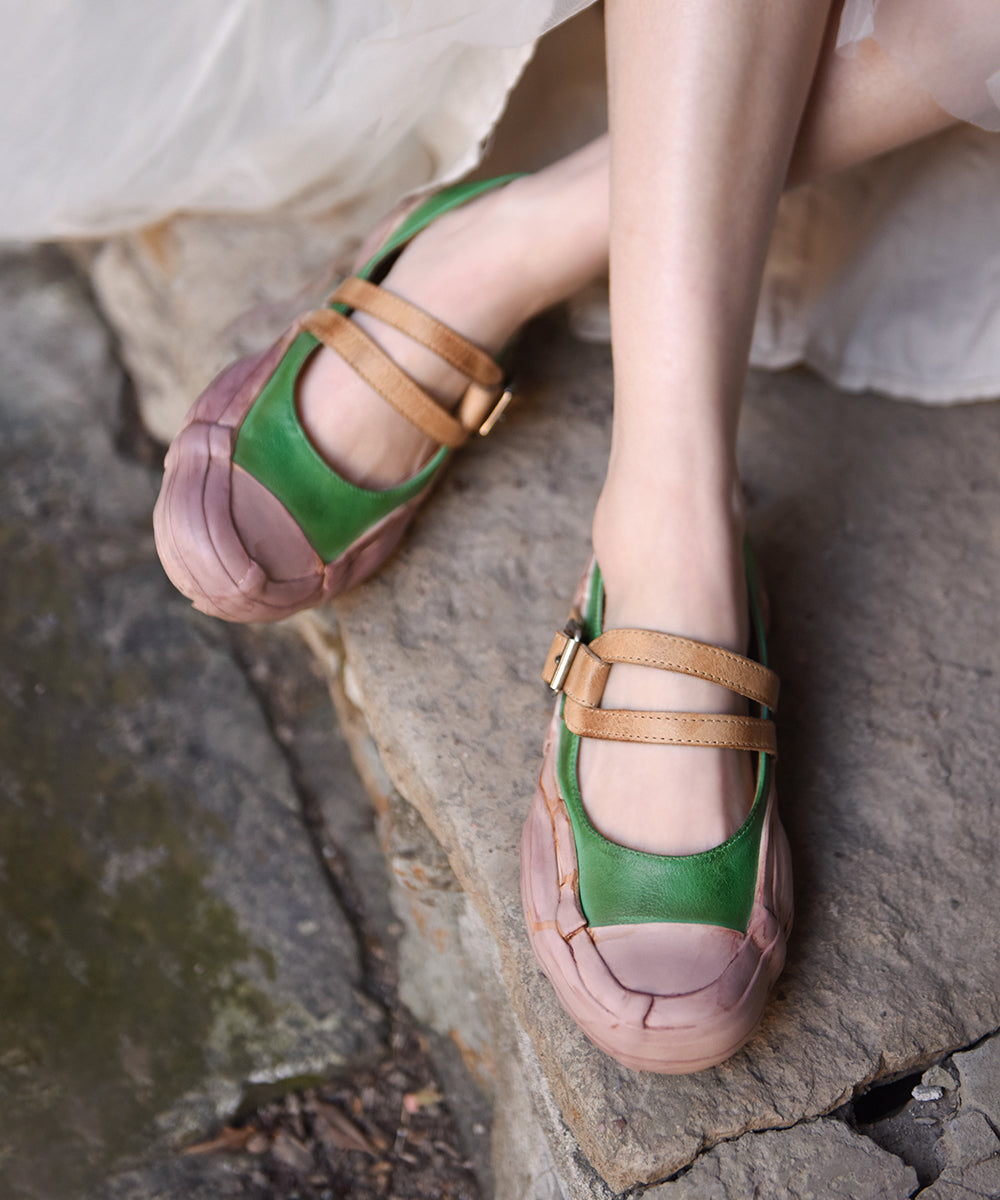 Simple Splicing Flat Shoes for Green Cowhide Leather Buckle Strap