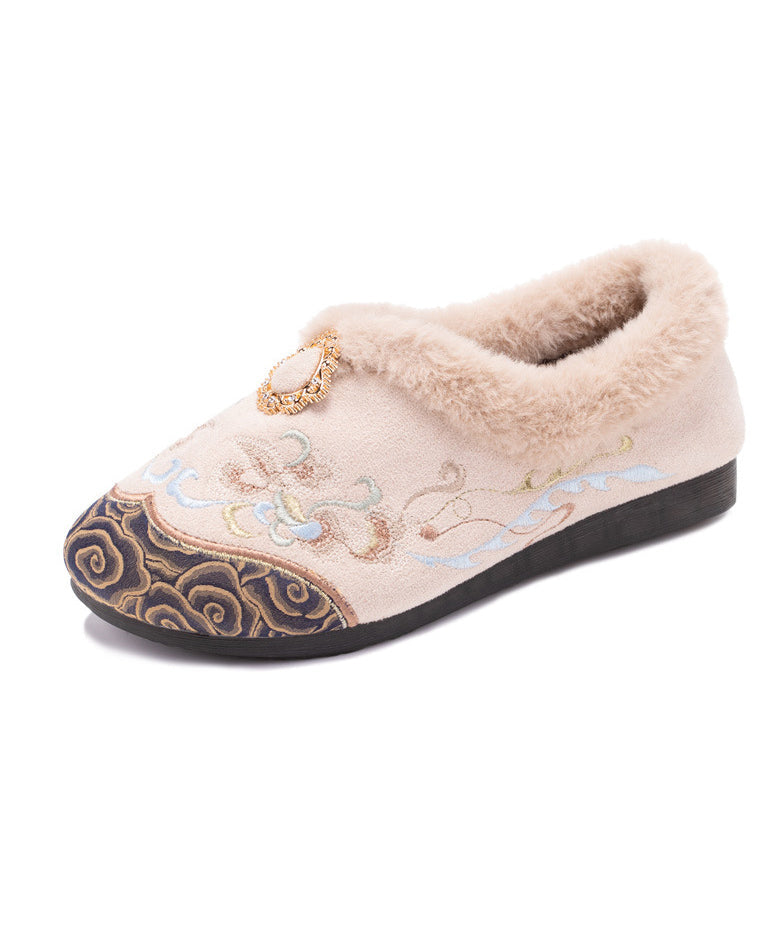 Embroidery Flat Feet Shoes Black Fuzzy Wool Lined