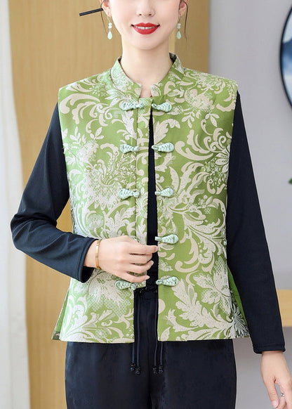 Green Stand Collar Print Button Silk Waistcoat Sleeveless