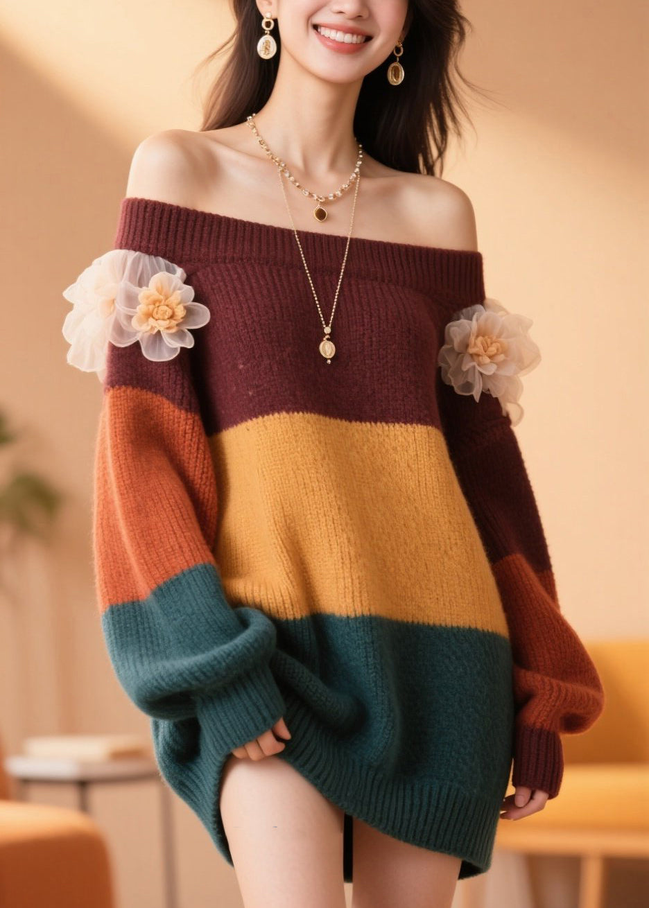 Handmade Colorblock Cold Shoulder Patchwork Knit Sweater Fall