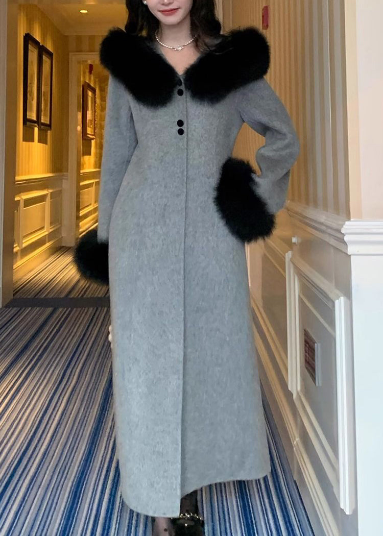 Grey Fur Collar Patchwork Woolen Coat Spring