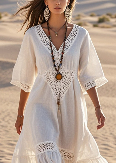 White V Neck Patchwork Lace Robe Dresses Summer