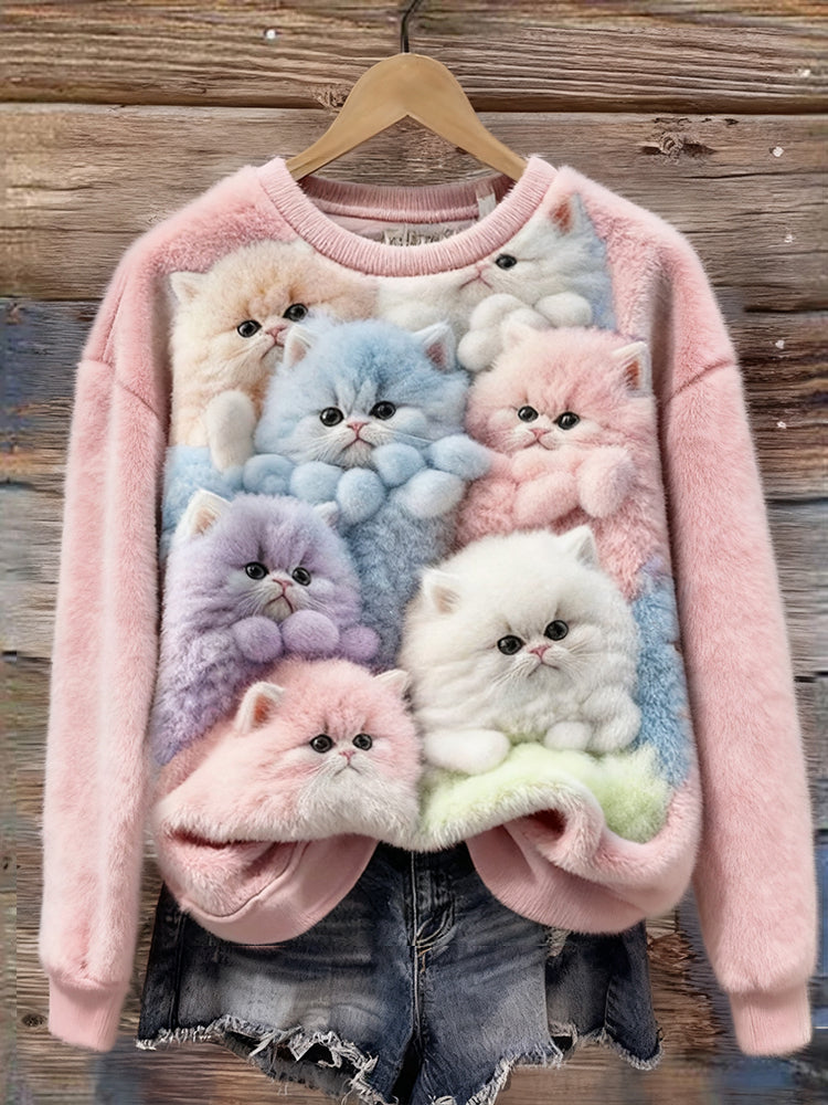 Comstylish Lovely Colorful Fluffy Fuzzy Cats Cozy Plush Sweatshirt