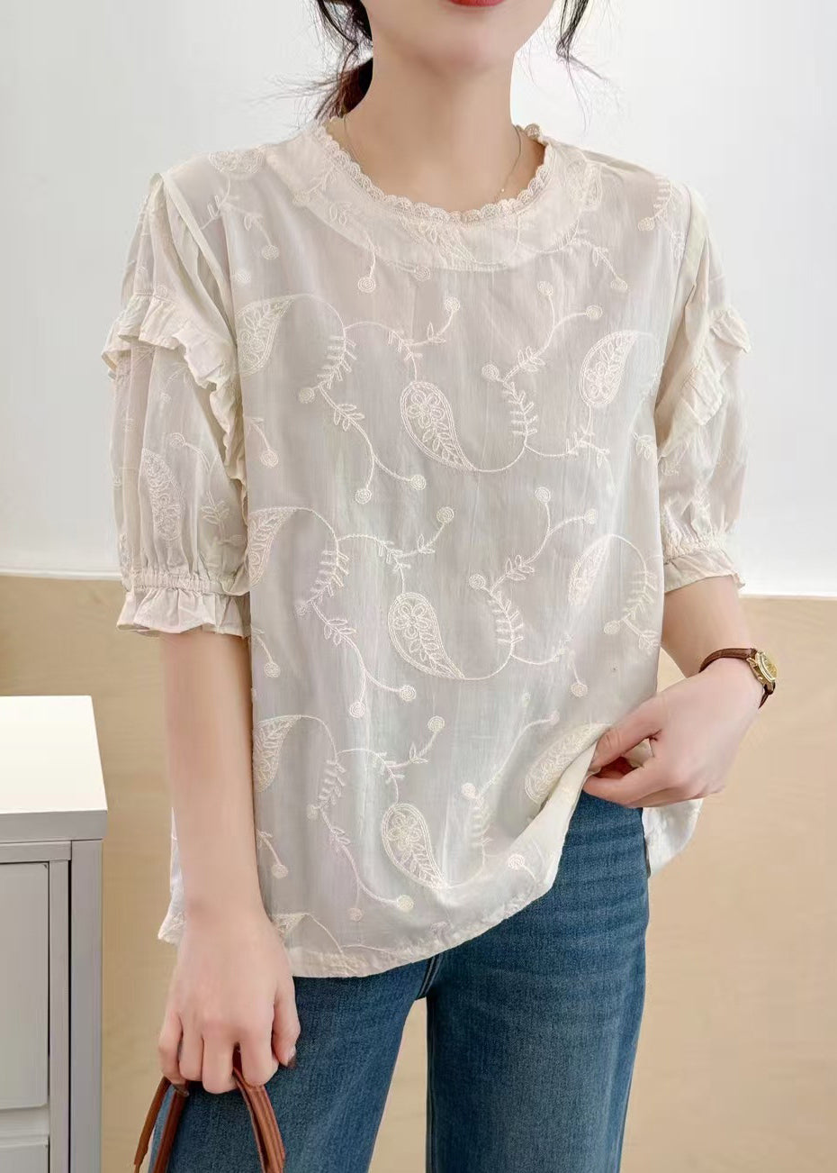 Beige Embroideried Cotton Tanks Summer