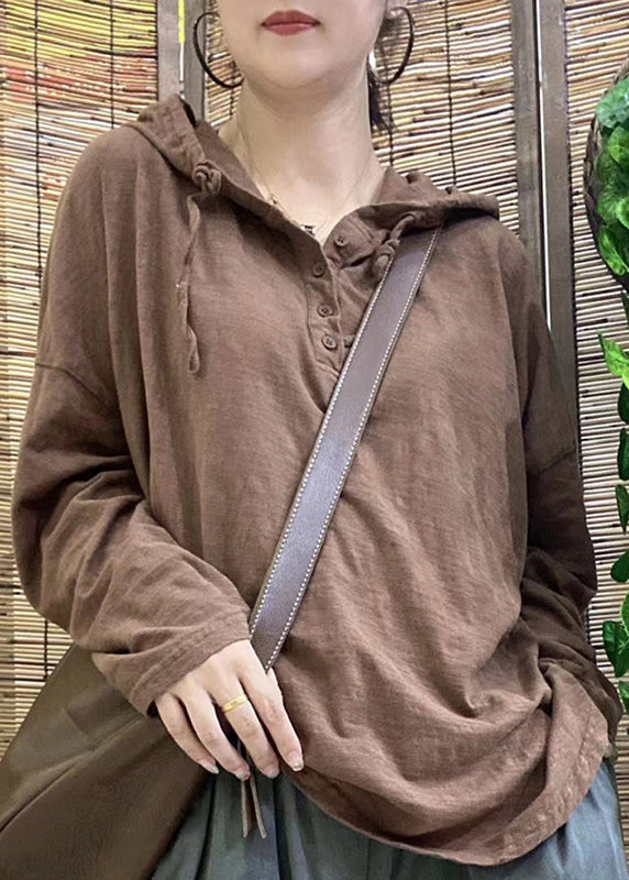 Simple White Hooded Drawstring Button Cotton Pullover Top Long Sleeve
