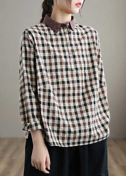 Style Chocolate Plaid Shirts Lapel Patchwork Vestidos De Lino Spring Shirts