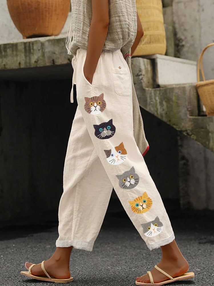 Comstylish Cute Cats Animal Embroidery Pattern Linen Pants