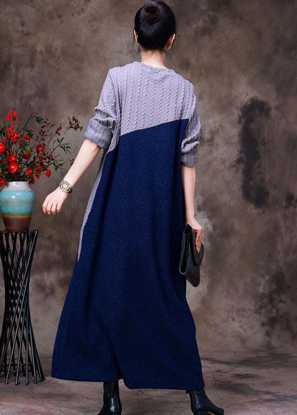 Grey Blue Patchwork Oriental Button Knit Sweater Dress Long Sleeve