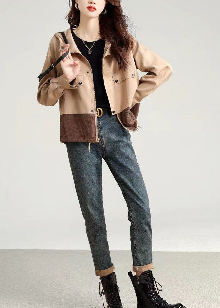 Light Khaki Zip Up Patchwork Cotton Hooded Jacket Fall