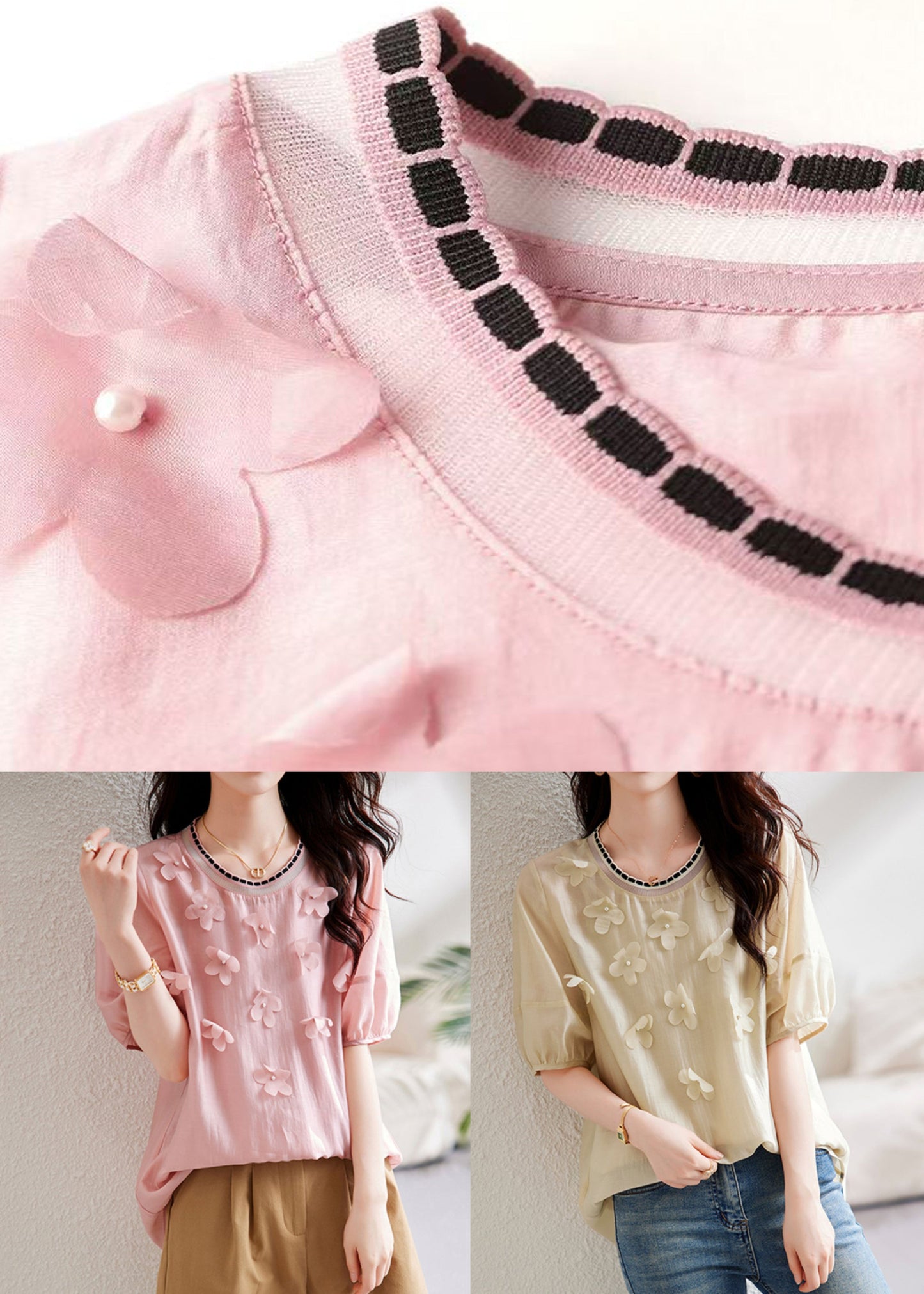 Pink Knit Patchwork Chiffon Shirt Summer
