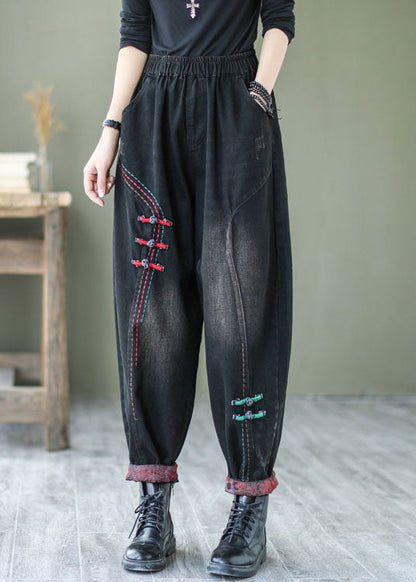 Natural Black Button Denim Harem Pants Spring