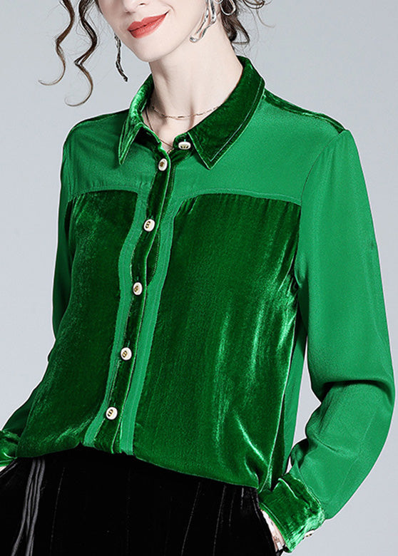 Green Peter Pan Collar Patchwork Button Silk Shirt Long Sleeve