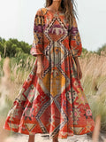 Women's Vintage Tribal Art Print Flowy Crew Neck Cotton Pocket Dress